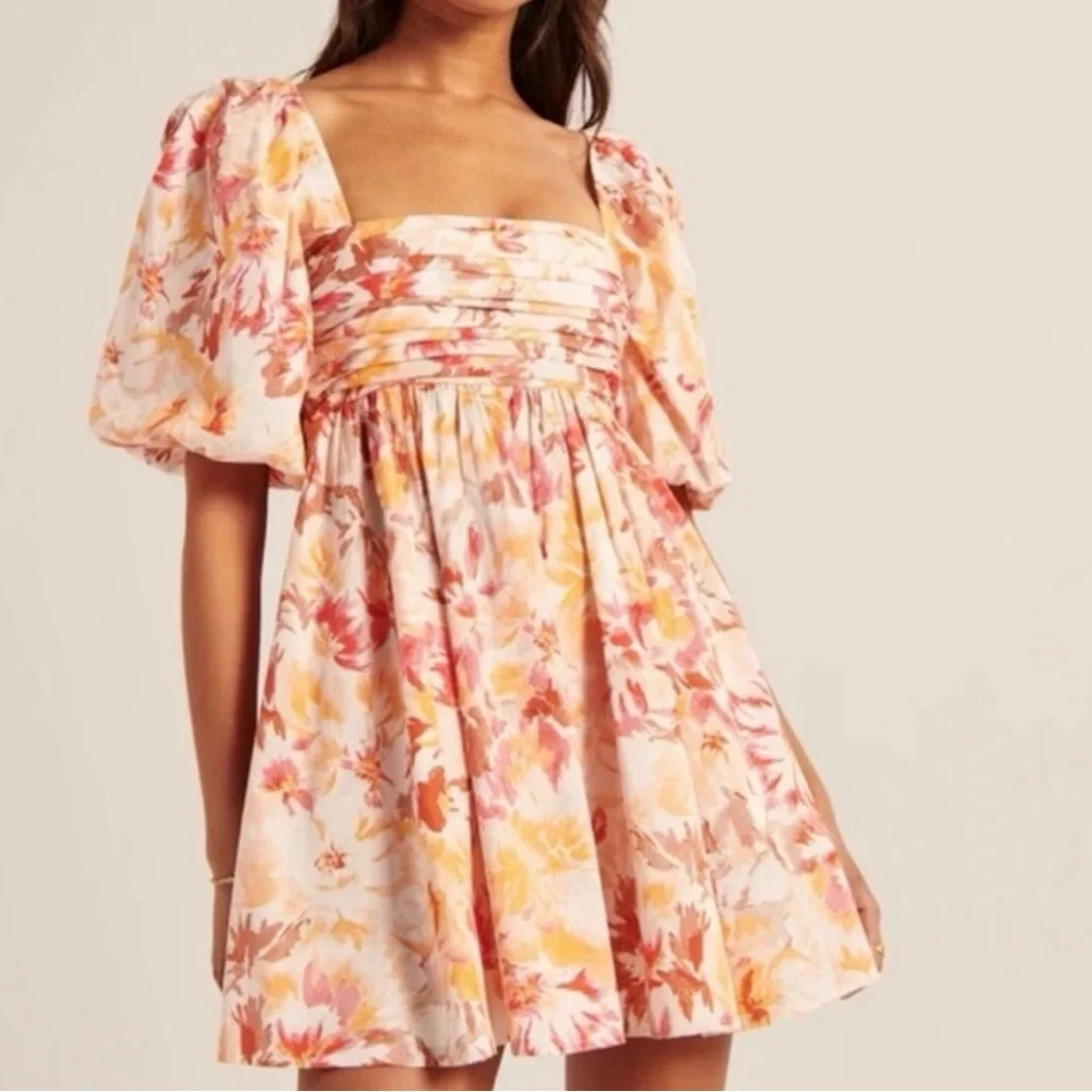 Abercrombie & Fitch Floral Puff-Sleeve Mini Dress in Pink & Peach - Picture 1 of 7
